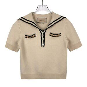 Gucci Beige Wool Sweater Navy Collar Horsebit Detail XS Made In Italy
